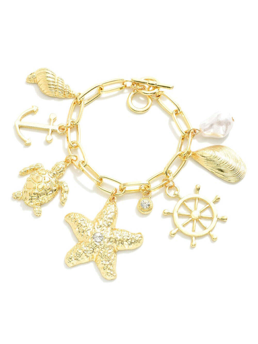 Gold Tone Nautical Charm Chain Link Bracelet Starfish Turtle Anchor Pearl